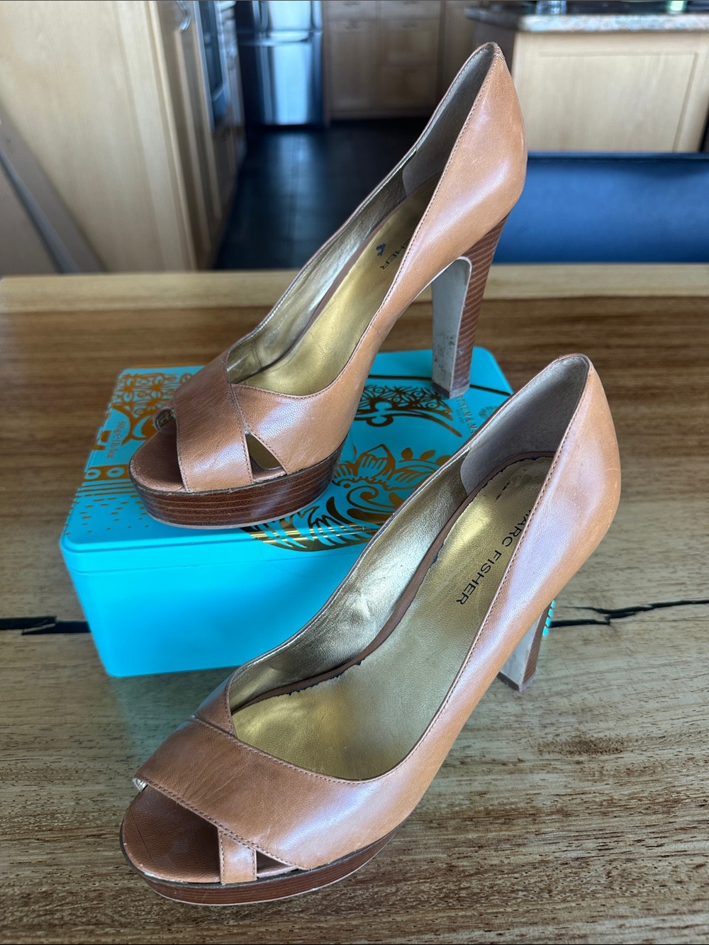 Marc Fisher Cognac Leather Peep-Toe Platform Heels - Size 7M